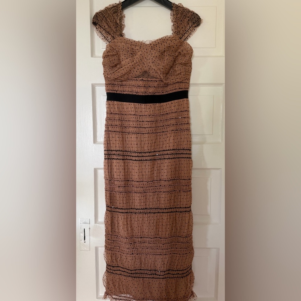 Self-Portrait Tan and Black Polka Dot Mesh Midi Dress